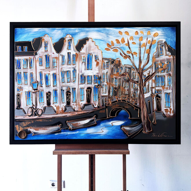 Schilderij- 80x120x4,5 cm - Amsterdam Herengracht - Blue & Gold #128
