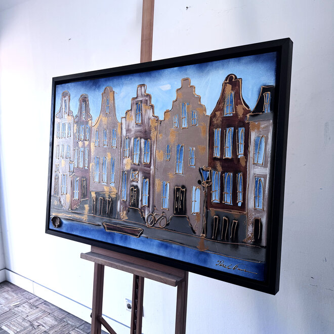 Schilderij- 80x120x4,5 cm - Rick Triest - Amsterdam Herengracht - Blue & Gold #126
