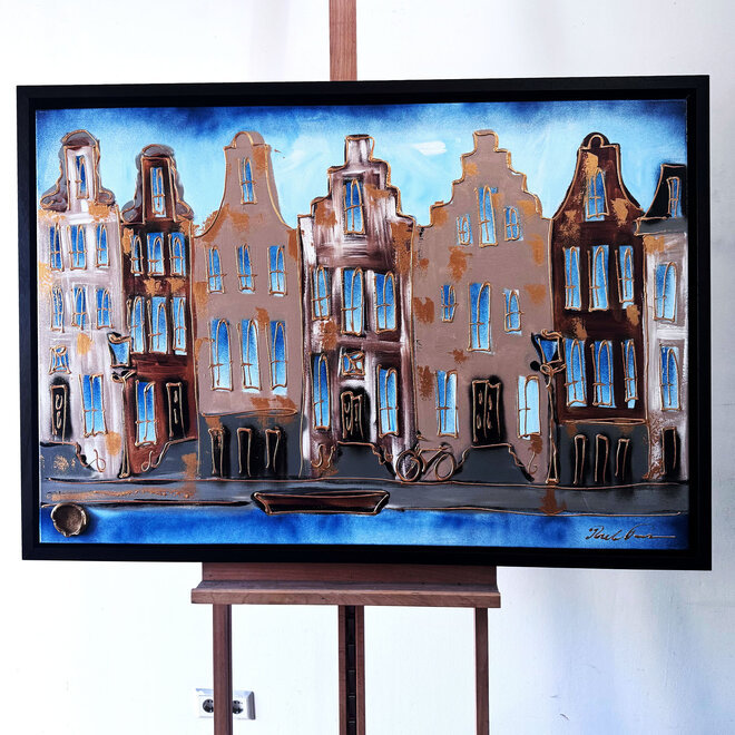 Schilderij- 80x120x4,5 cm - Rick Triest - Amsterdam Herengracht - Blue & Gold #126