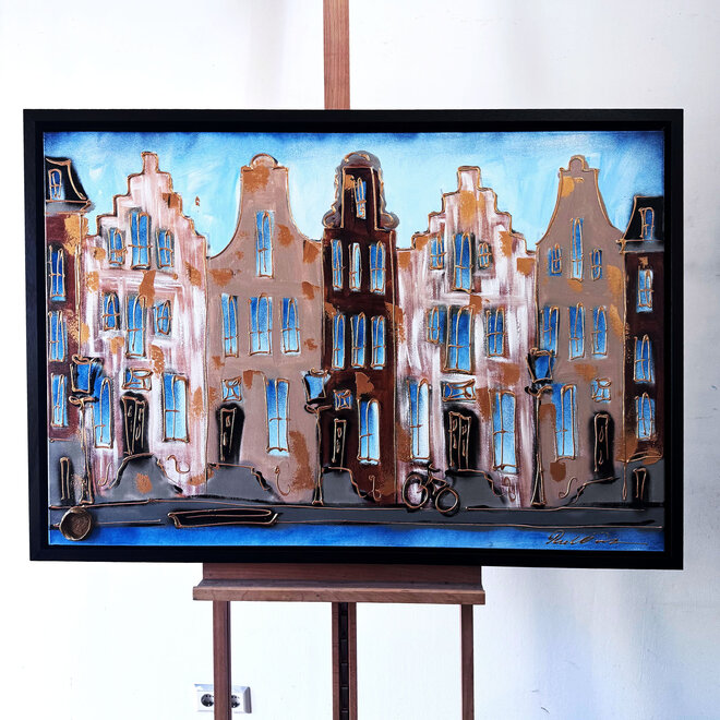 Schilderij- 80x120x4,5 cm - Rick Triest - Amsterdam Herengracht - Blue & Gold #124