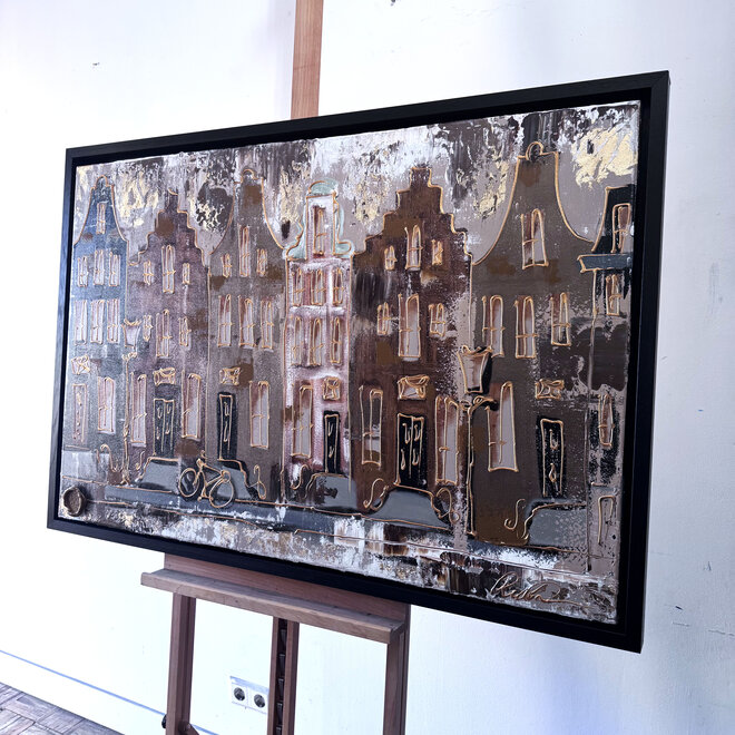 Schilderij- 80x120x4,5 cm - Rick Triest - Amsterdam LUXURY style - grachten gevels in omber & Gold #230