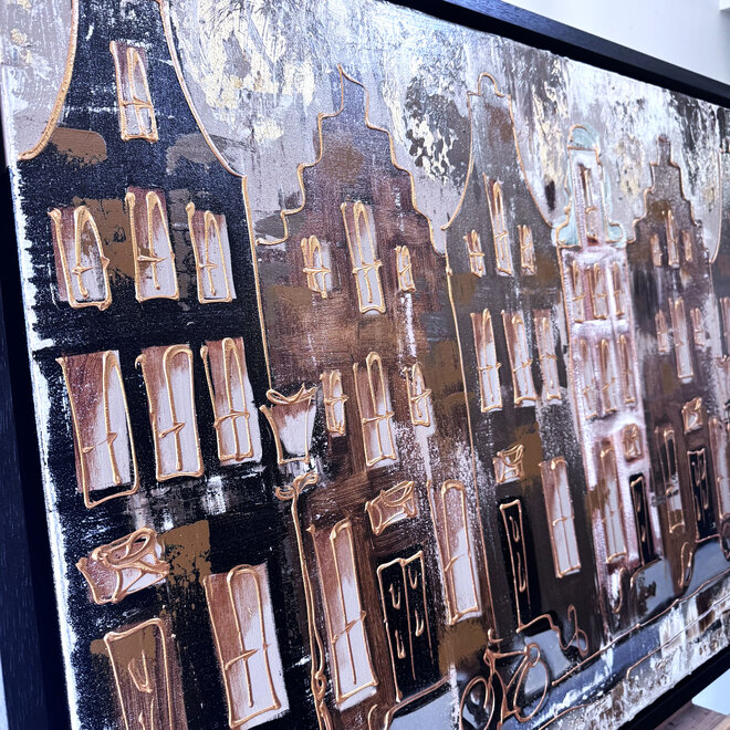 Schilderij- 80x120x4,5 cm - Rick Triest - Amsterdam LUXURY style - grachten gevels in omber & Gold #230