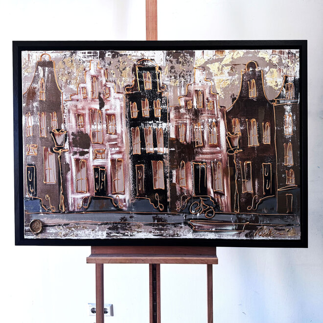 Schilderij- 80x120x4,5 cm - Amsterdam LUXURY style - grachten gevels in omber & Gold #227