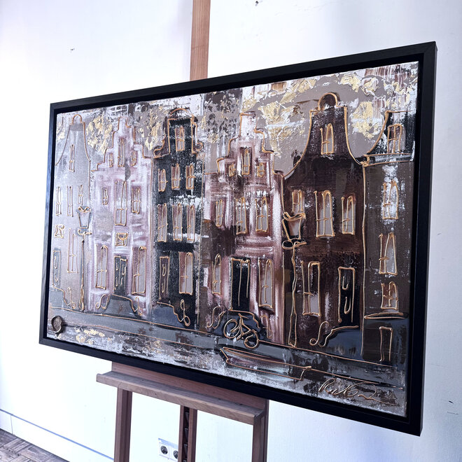 Schilderij- 80x120x4,5 cm - Rick Triest - Amsterdam LUXURY style - grachten gevels in omber & Gold #227