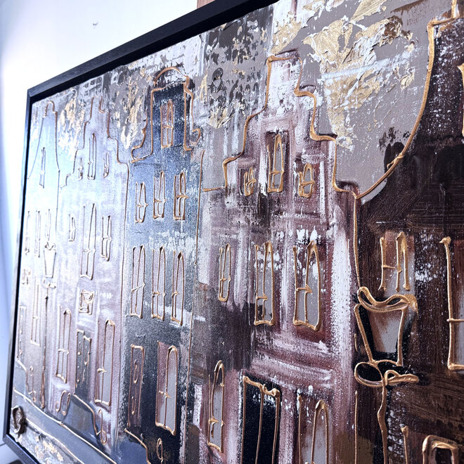 Painting- 80x120x4,5 cm - Rick Triest - Amsterdam LUXURY style - grachten gevels in omber & Gold #227