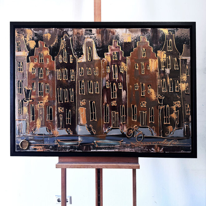 Schilderij- 80x120x4,5 cm - Rick Triest - Amsterdam LUXURY style - grachten gevels in omber & Gold #225