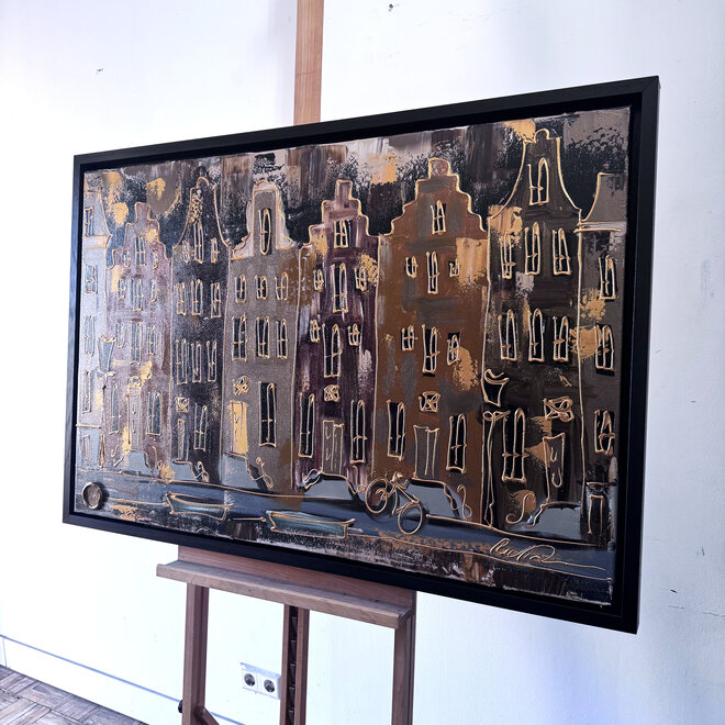 Schilderij- 80x120x4,5 cm - Rick Triest - Amsterdam LUXURY style - grachten gevels in omber & Gold #225