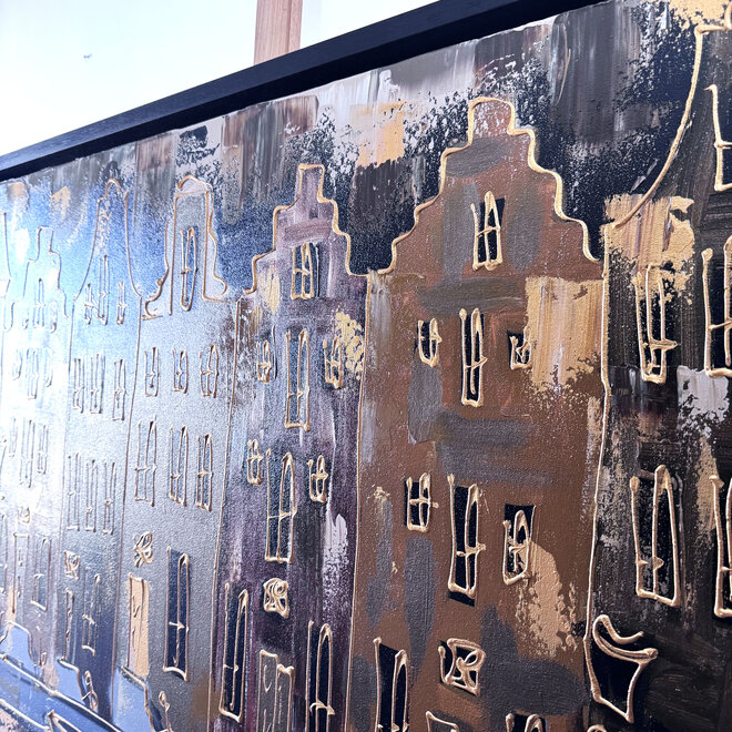 Schilderij- 80x120x4,5 cm - Rick Triest - Amsterdam LUXURY style - grachten gevels in omber & Gold #225