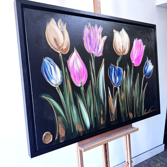 Painting  - 80x120 cm - Rick Triest - kleurrijke tulpen - Black & Gold #2