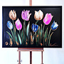 Schilderij - 80x120 cm - Rick Triest - kleurrijke tulpen - Black & Gold #2