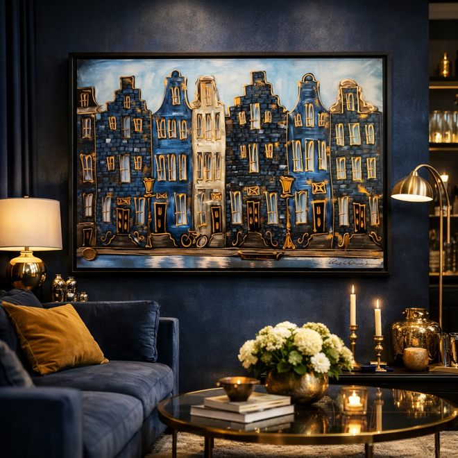 Painting- 100x150cm - Rick Triest - Amsterdam Herengracht -Blue & Gold #302