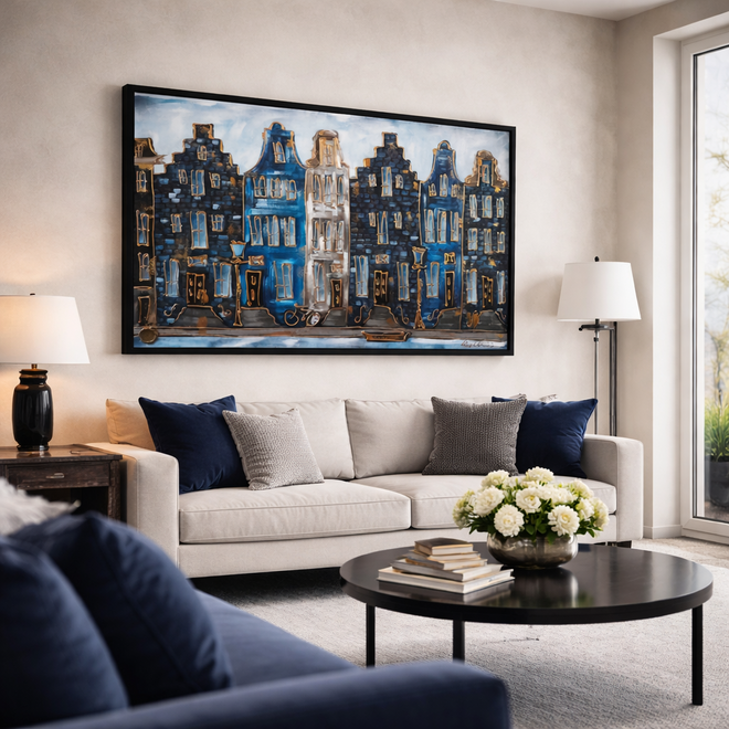 Schilderij- 100x150cm - Rick Triest - Amsterdam Herengracht -Blue & Gold #302