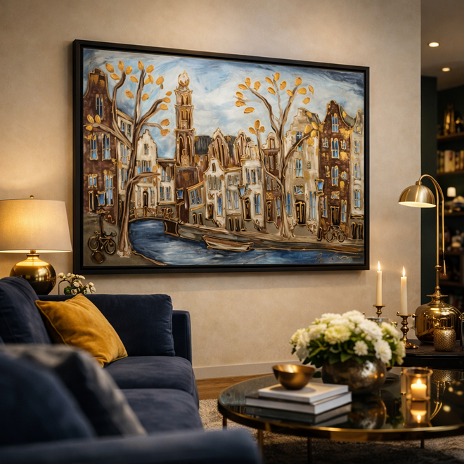 Painting- 100x150cm - Rick Triest - Amsterdam Herengracht -Blue & Gold #291 - Westertoren