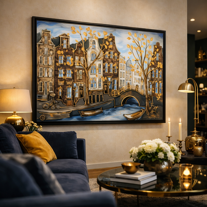 Painting- 100x150cm - Rick Triest - Amsterdam Herengracht -Blue & Gold #298