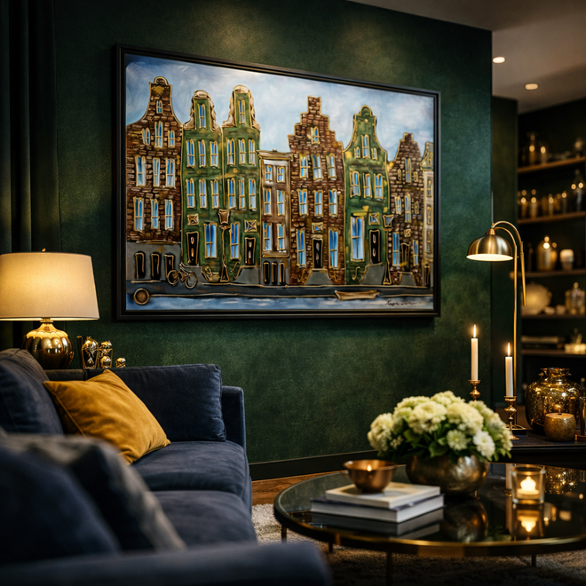 Painting- 100x150cm - Rick Triest - Amsterdam Herengracht -Blue & Gold #293