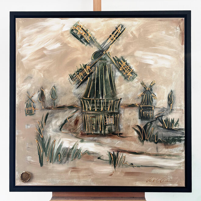 Schilderij- 100x100cm - Rick Triest - Hollandse molen - Sepia & Groen #7