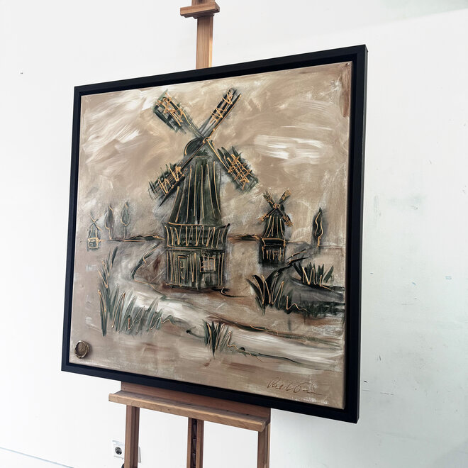 Schilderij- 100x100cm - Rick Triest - Hollandse molen - Sepia & Groen #7