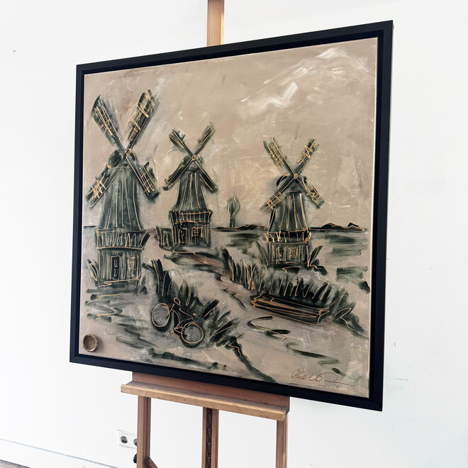 Painting-  100x100cm - Rick Triest - Dutch Windmill - Sepia & Green #6