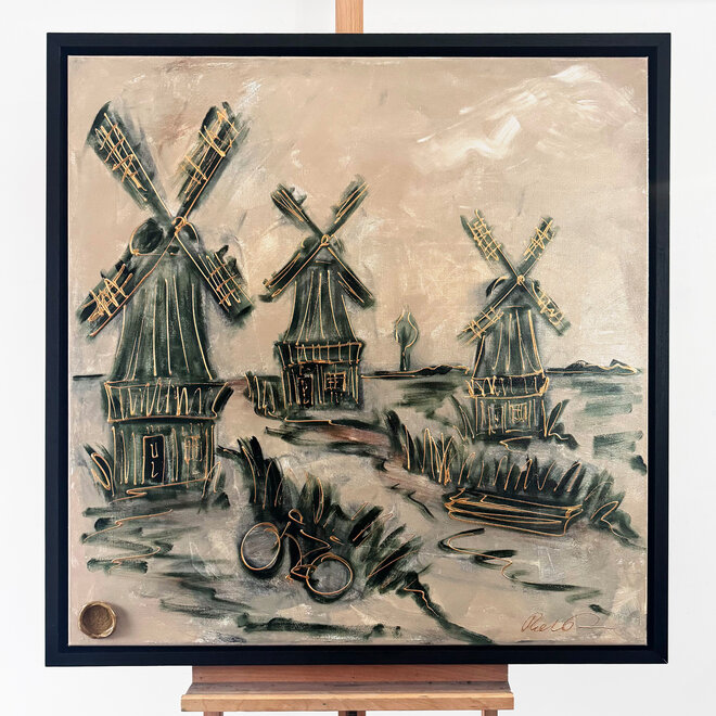 Painting- 100x100cm - Dutch Windmill - Sepia & Green #6