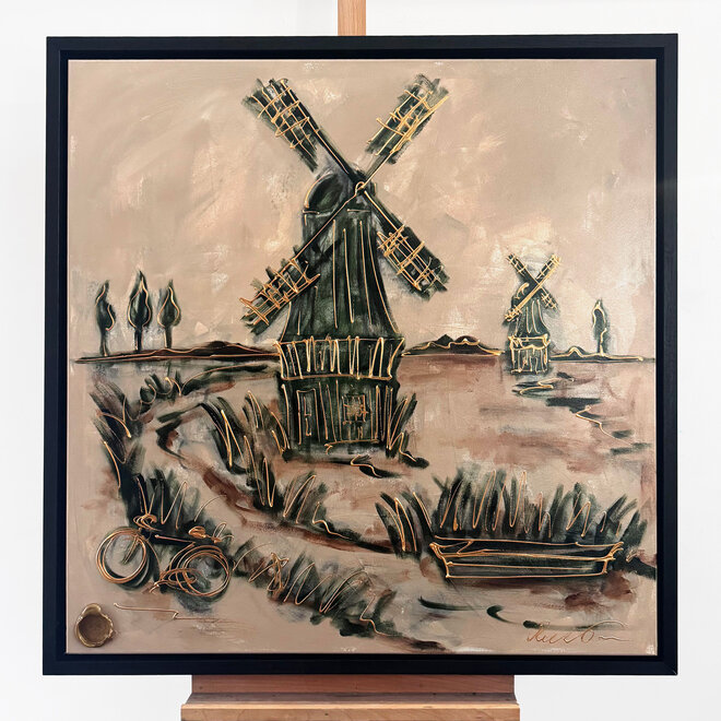 Schilderij- 100x100cm - Rick Triest - Hollandse molen - Sepia & Groen #5