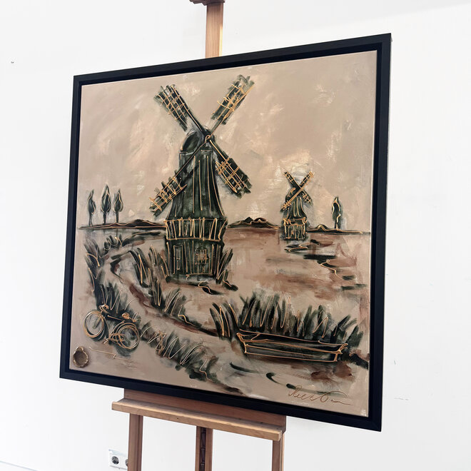 Schilderij- 100x100cm - Rick Triest - Hollandse molen - Sepia & Groen #5