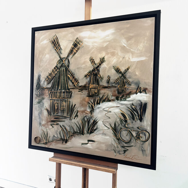 Painting- 100x100cm - Rick Triest - Dutch Windmill - Sepia & Green #3