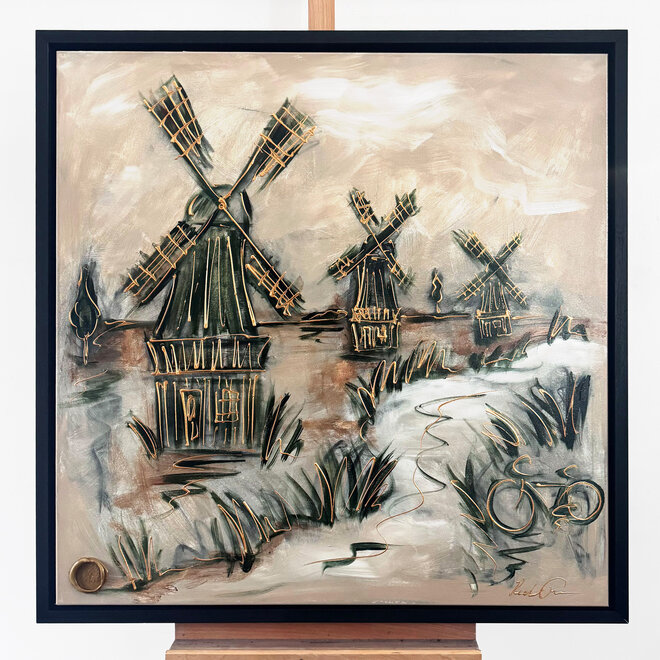Schilderij- 100x100cm - Rick Triest - Hollandse molen - Sepia & Groen #3