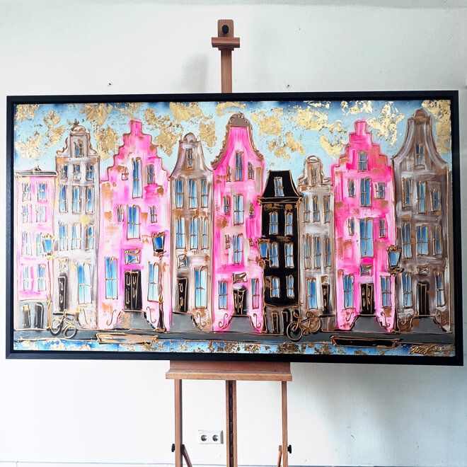 Painting- 100x200cm - Amsterdam Herengracht -Blue & Gold - XL - Pink 2