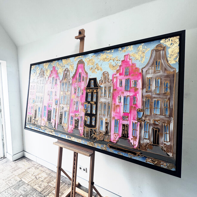 Schilderij- 100x200cm - Rick Triest - Amsterdam Herengracht -Blue & Gold - XL - Pink 2