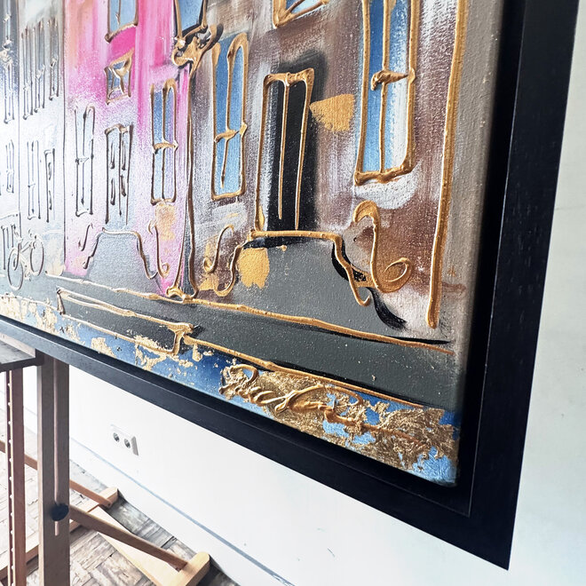 Schilderij- 100x200cm - Rick Triest - Amsterdam Herengracht -Blue & Gold - XL - Pink 2