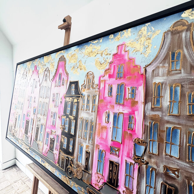 Painting-  100x200cm -Rick Triest -  Amsterdam Herengracht -Blue & Gold - XL - Pink 2