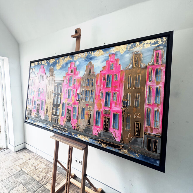 Painting-  100x200cm - Amsterdam Herengracht -Blue & Gold - XL - Pink - 2