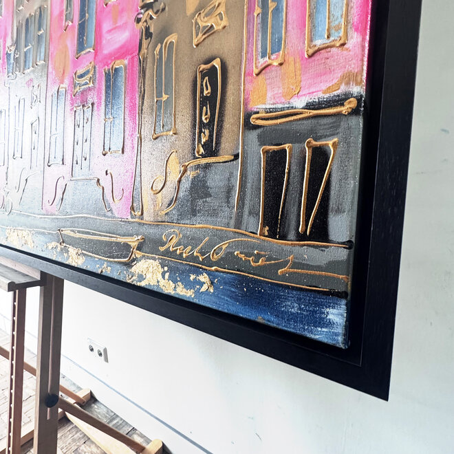 Painting-  100x200cm - Amsterdam Herengracht -Blue & Gold - XL - Pink - 2