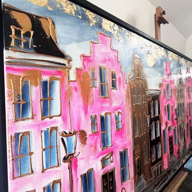 Painting-  100x200cm - Amsterdam Herengracht -Blue & Gold - XL - Pink - 2