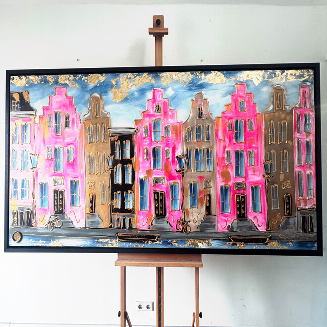 Painting- 100x200cm - Amsterdam Herengracht -Blue & Gold - XL -Pink - 2