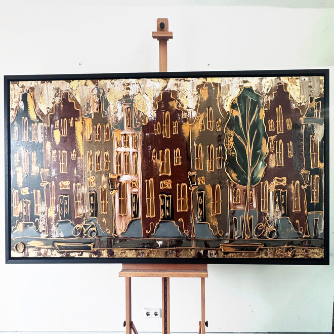 Schilderij- 100x200cm - Amsterdam LUXURY style - grachten gevels in omber & Gold #14