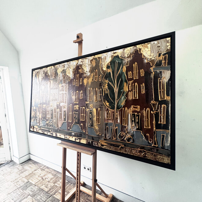 Painting-  100x200cm - Amsterdam LUXURY style - grachten gevels in omber & Gold #14