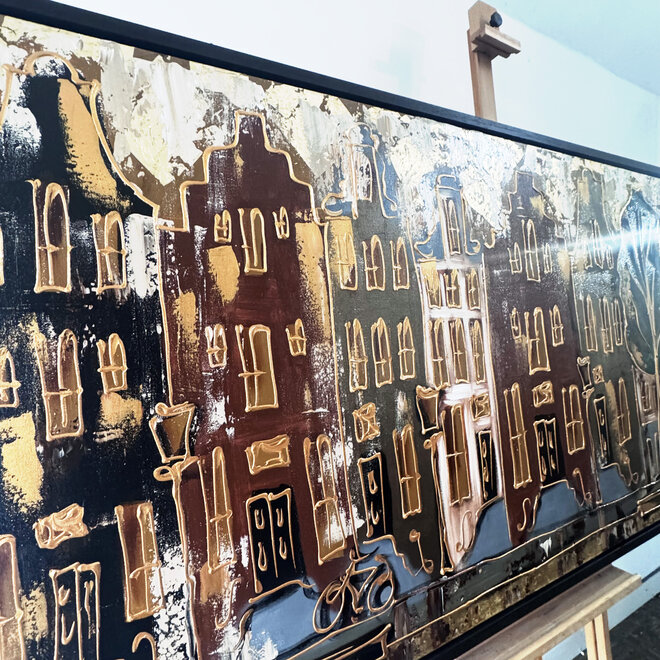 Schilderij- 100x200cm - Amsterdam LUXURY style - grachten gevels in omber & Gold #14