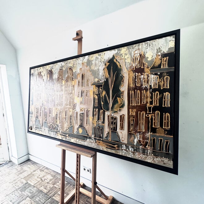 Schilderij- 100x200cm - Amsterdam LUXURY style - grachten gevels in omber & Gold #9