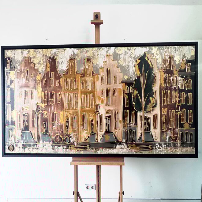 Schilderij- 100x200cm - Amsterdam LUXURY style - grachten gevels in omber & Gold #9