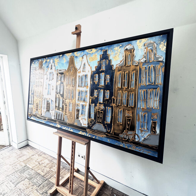 Schilderij- 100x200cm - Amsterdam Herengracht -Blue & Gold - XL - 2