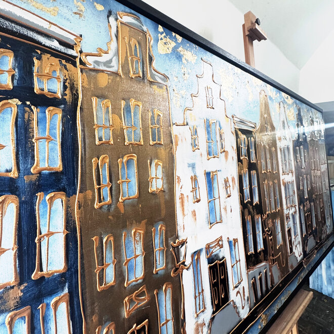 Schilderij- 100x200cm - Amsterdam Herengracht -Blue & Gold - XL - 2