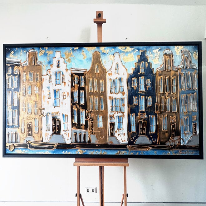 Painting- 100x200cm - Amsterdam Herengracht -Blue & Gold - XL -2