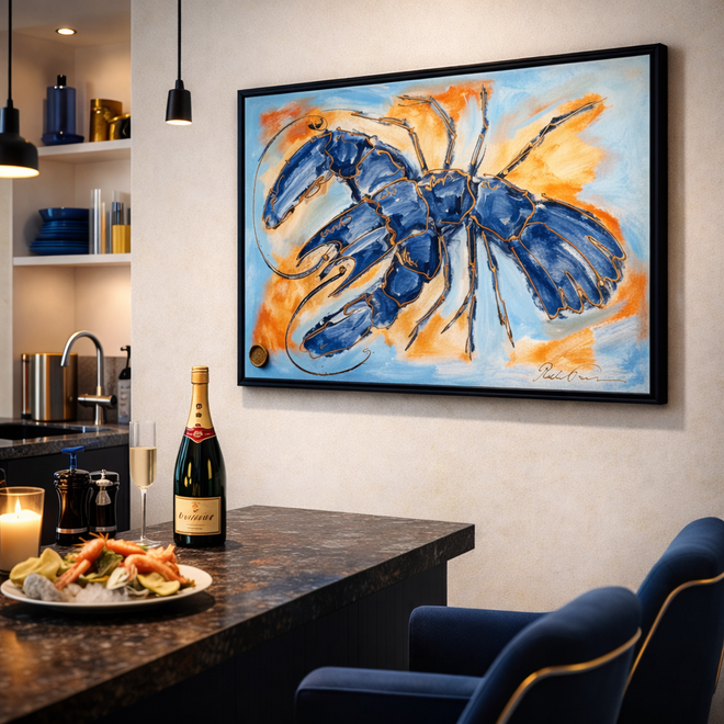 Schilderij- 70x100x4,5 cm - Lobster Time - Blue & Gold #1