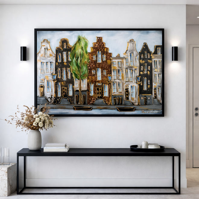 Painting- 100x150cm - Amsterdam Herengracht -Blue & Gold #301