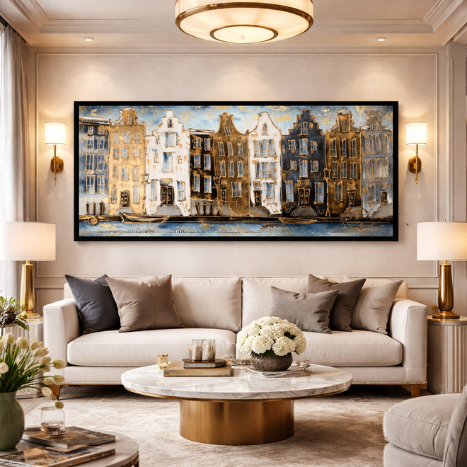 Schilderij- 100x200cm - Amsterdam Herengracht -Blue & Gold - XL - 2