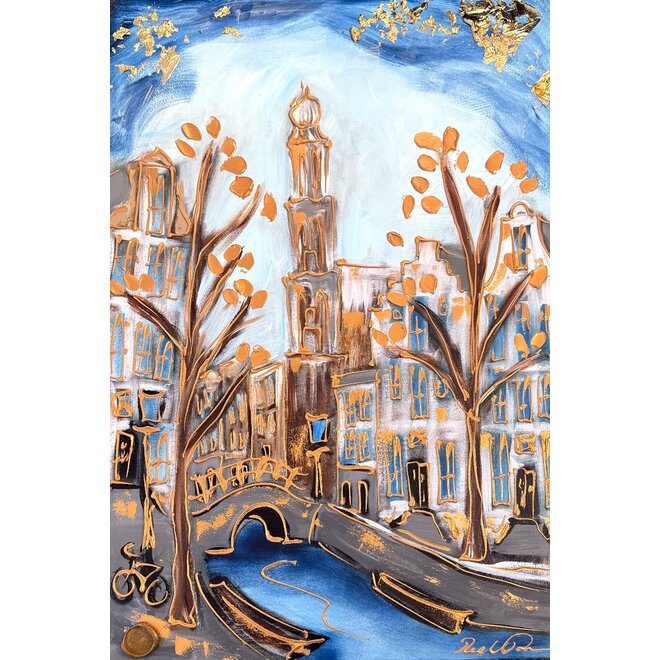 Painting- 80x120x4,5 cm - Rick Triest - Amsterdam Herengracht - Blue & Gold #131- Westertoren