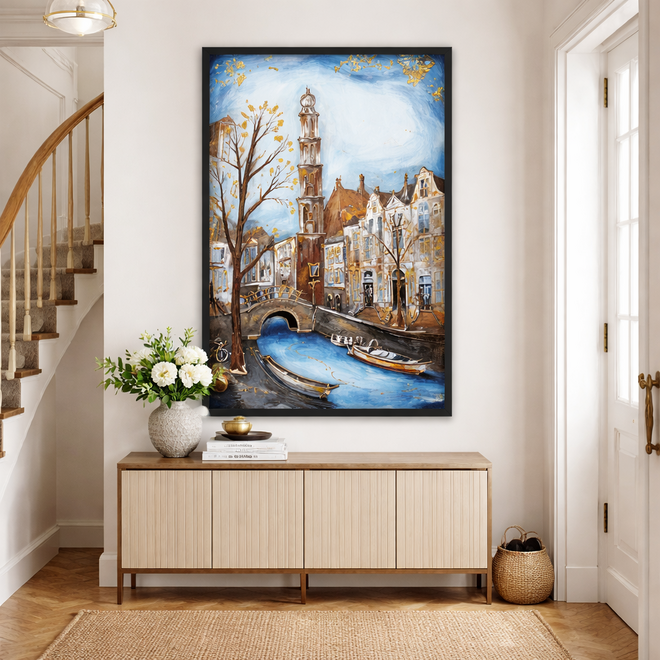 Painting- 80x120x4,5 cm - Amsterdam Herengracht - Blue & Gold #131- Westertoren