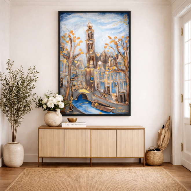 Painting- 80x120x4,5 cm - Amsterdam Herengracht - Blue & Gold #132- Westertoren