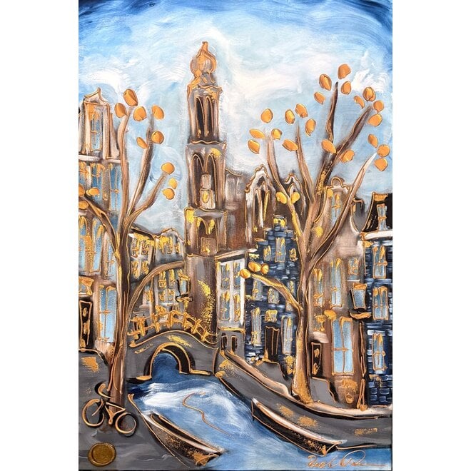 Painting- 80x120x4,5 cm - Rick Triest - Amsterdam Herengracht - Blue & Gold #134- Westertoren